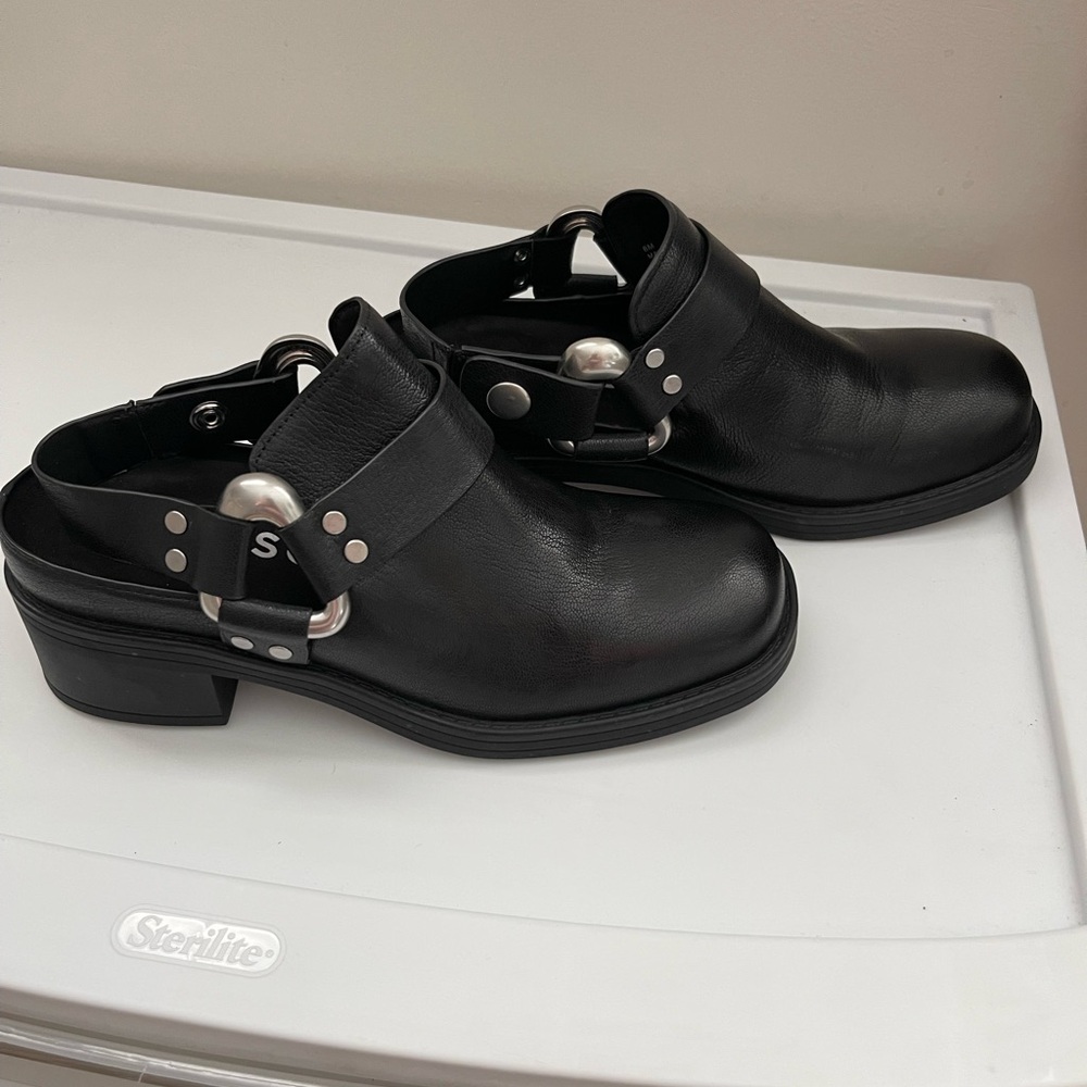 Aerosoles Maya Black Women's Leather Slingback Mules with Silver Stud Detail